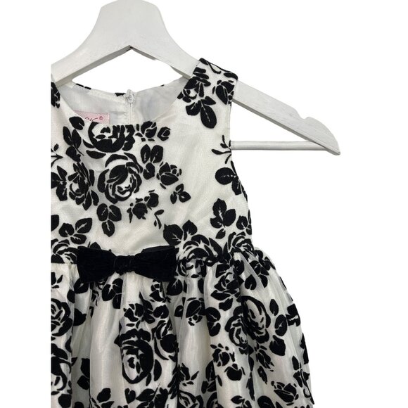 Girls Size 4 Floral Party Dress White Black Velvet Bow Sleeveless Fit & Flare - Picture 9 of 10